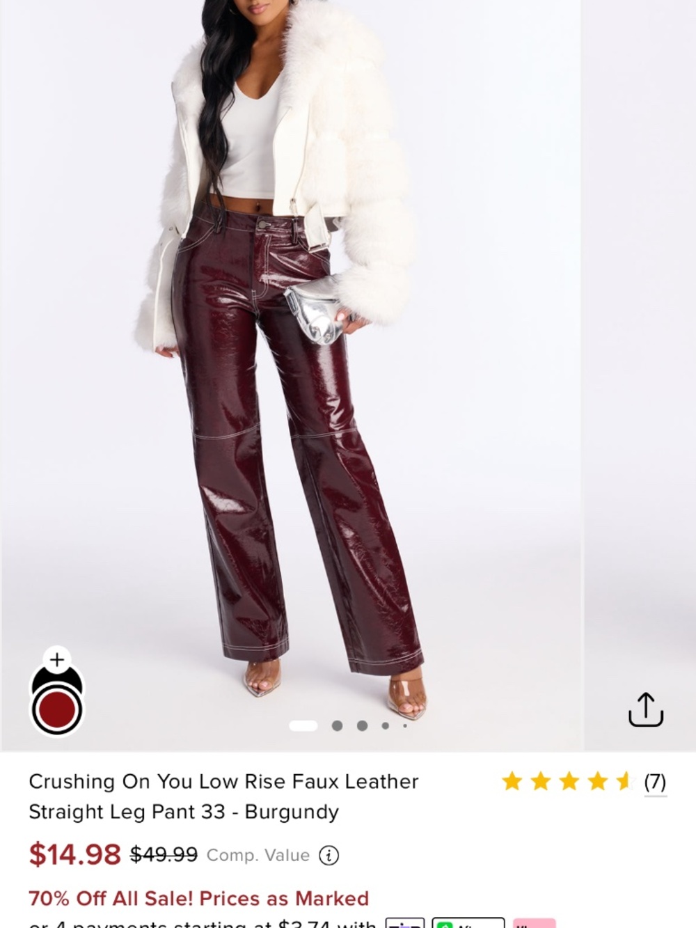 Fashion Nova Low Rise Faux Leather Straight Leg Pant - Burgundy NWT XS